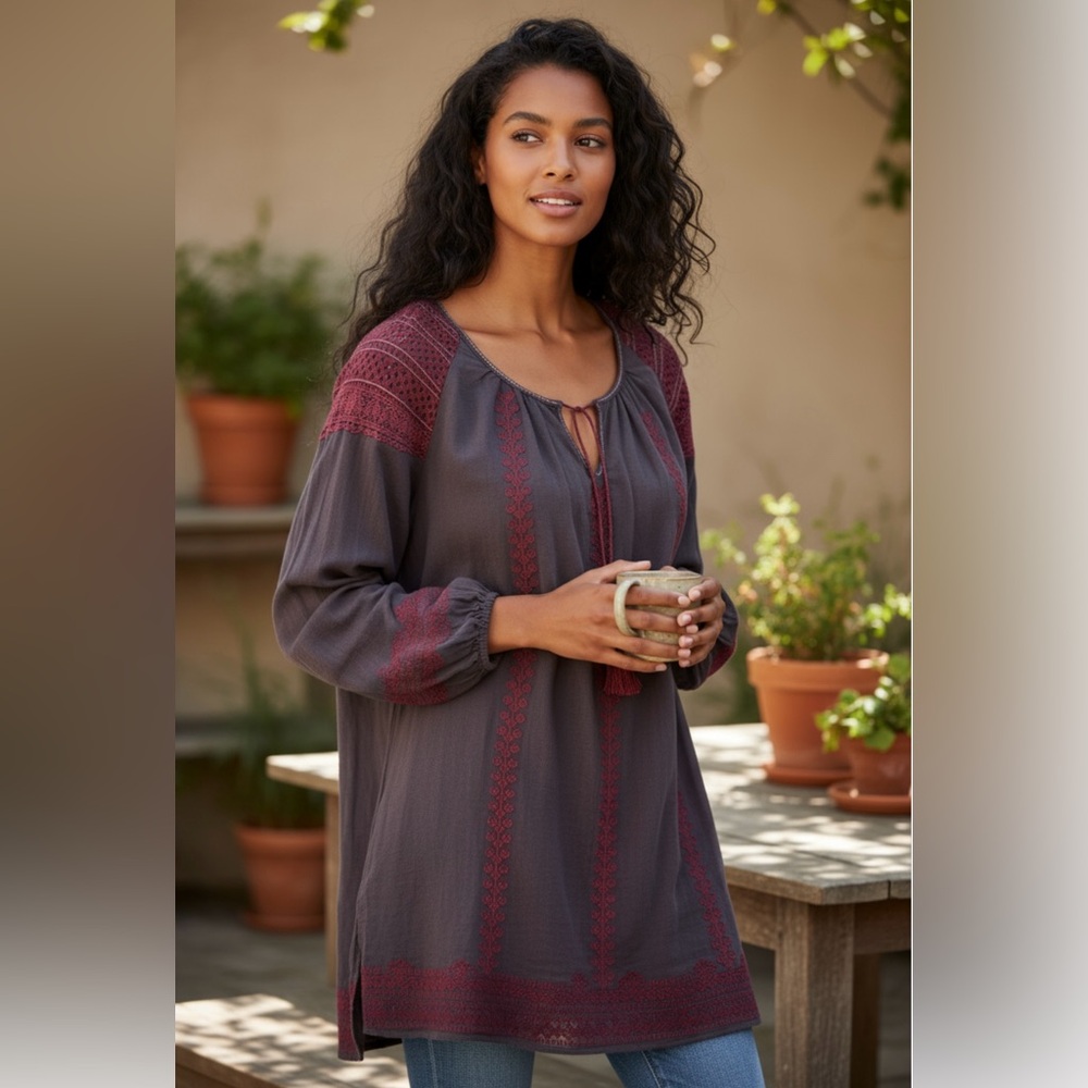 Free People Oversized Boho Embroidered  Crochet Tunic Dress